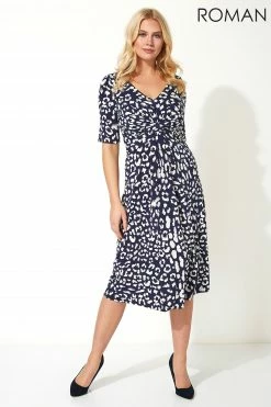 Roman Blue Animal Print Fit And Flare Dress