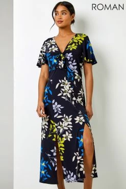 Roman Black Multi Tie Detail Floral Print Maxi Dress