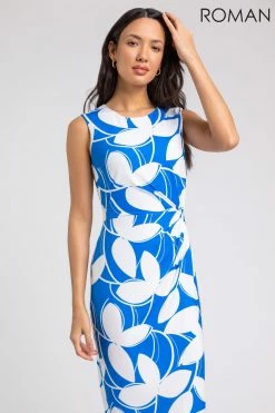 Roman Blue Leaf Print Twist Detail Shift Dress