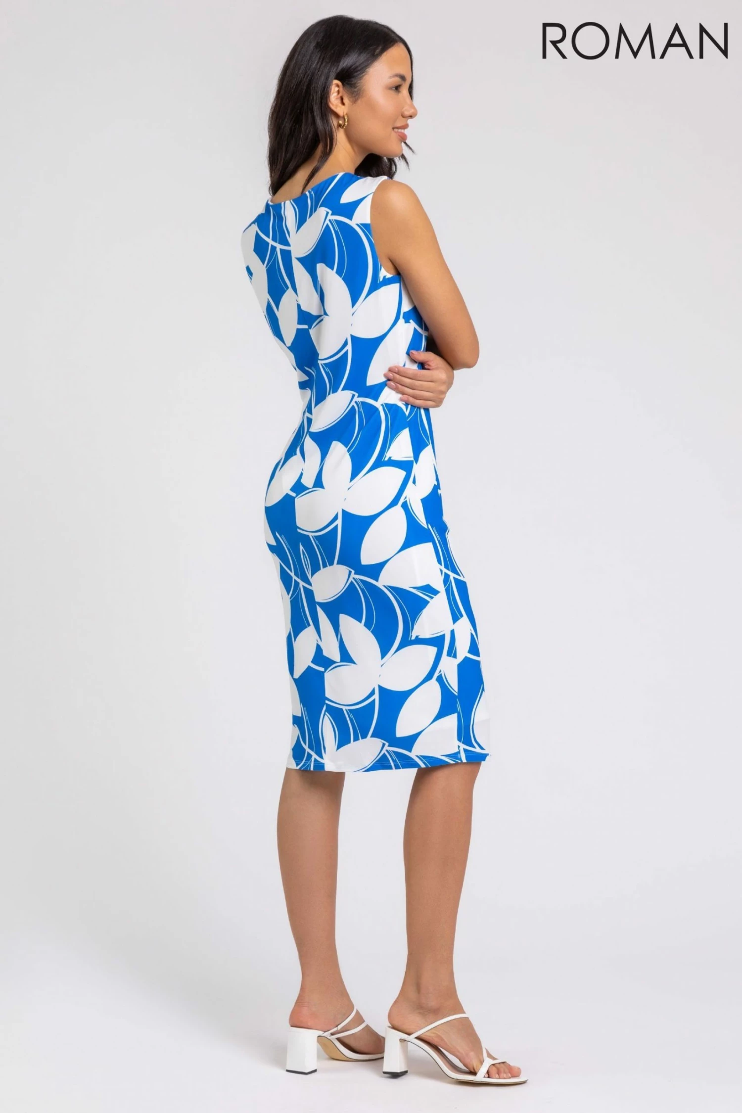 Roman Blue Leaf Print Twist Detail Shift Dress 4 Roman Blue Leaf Print Twist Detail Shift Dress - Image 2