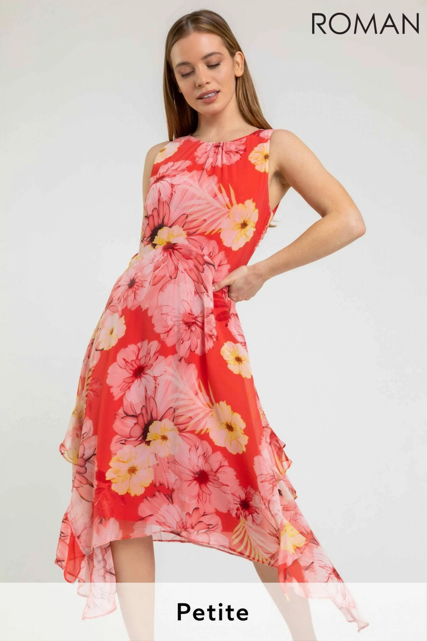 Roman Orange Petite Floral Chiffon Frill Detail Dress 3 Roman Orange Petite Floral Chiffon Frill Detail Dress