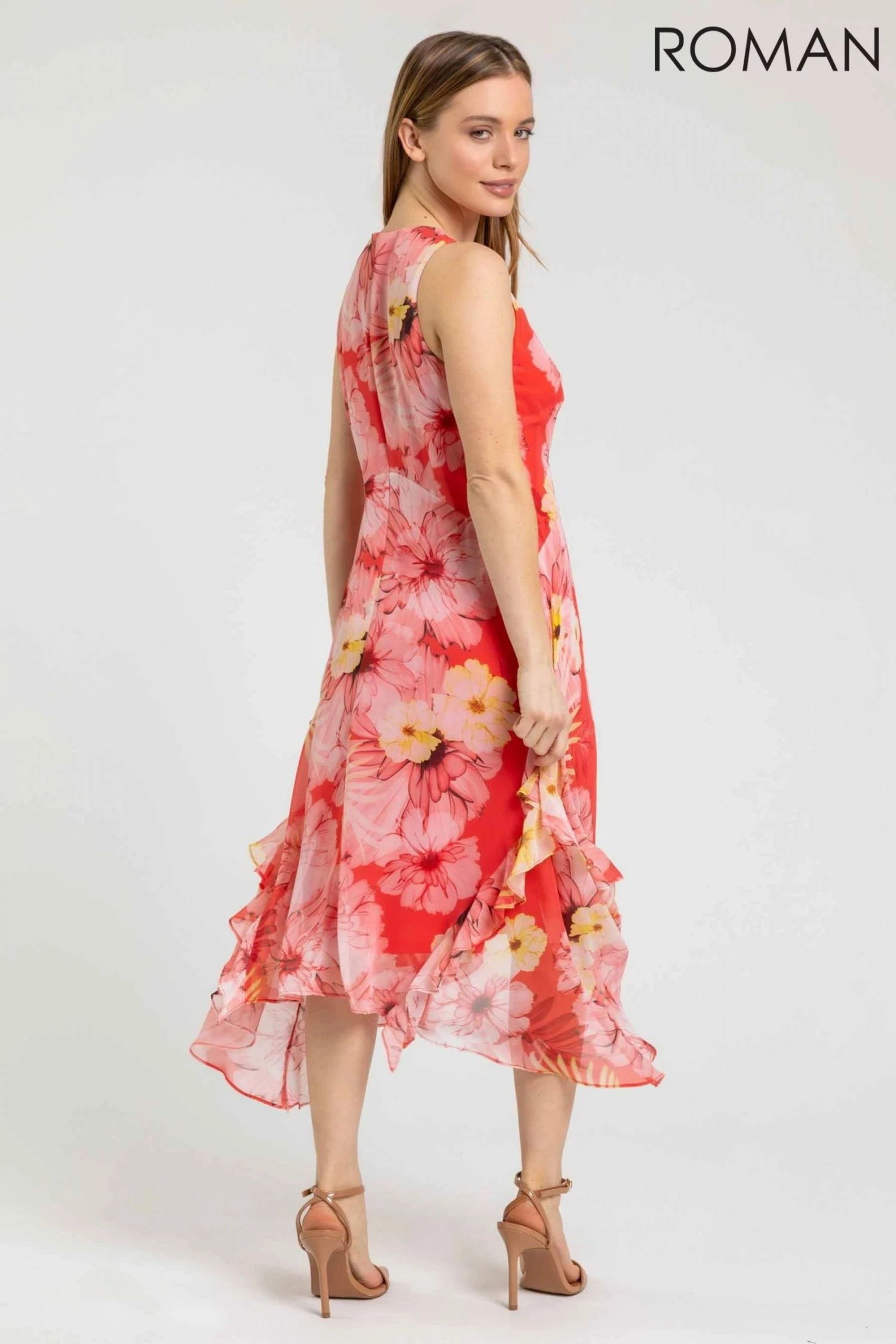 Roman Orange Petite Floral Chiffon Frill Detail Dress 4 Roman Orange Petite Floral Chiffon Frill Detail Dress - Image 2