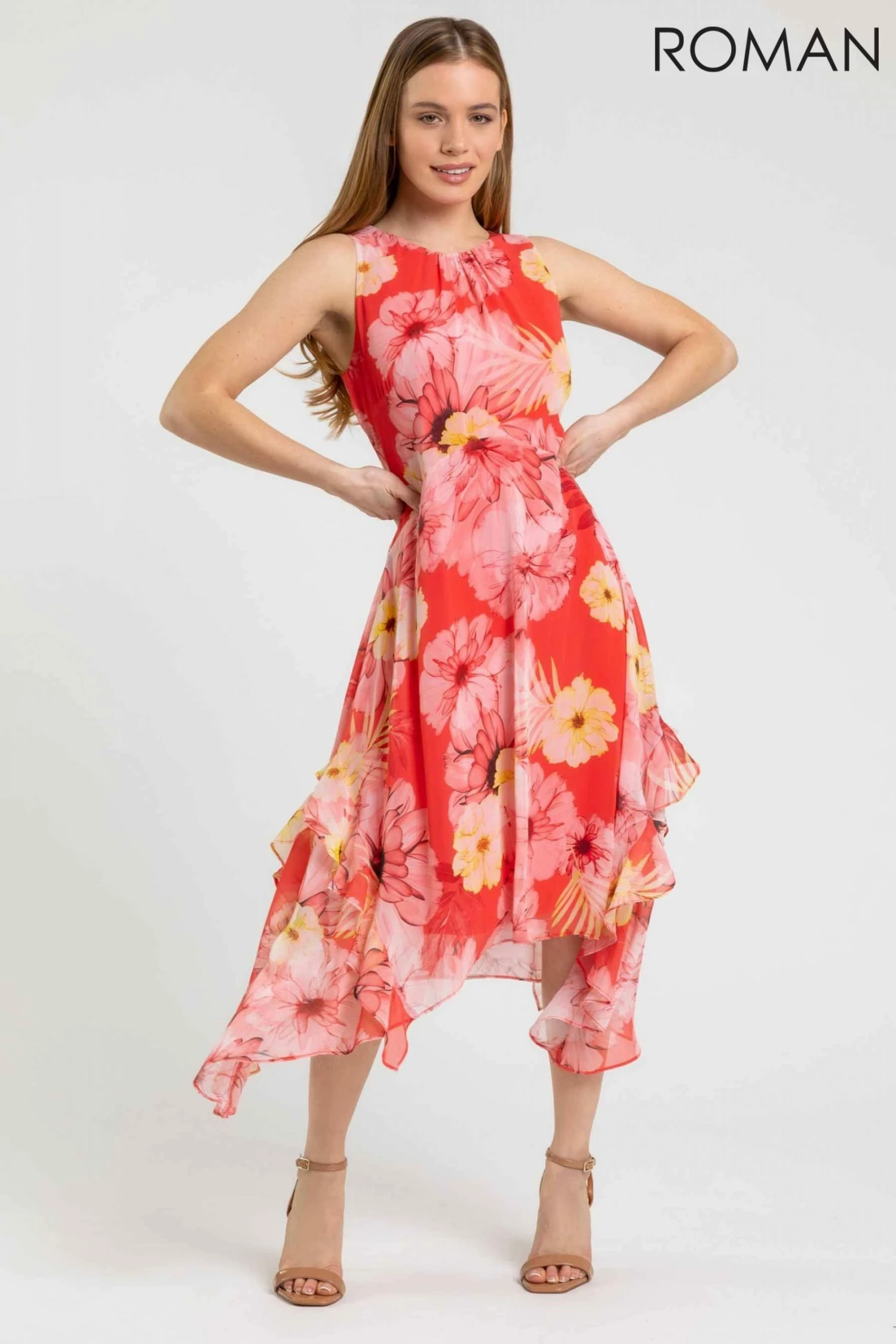Roman Orange Petite Floral Chiffon Frill Detail Dress 5 Roman Orange Petite Floral Chiffon Frill Detail Dress - Image 3