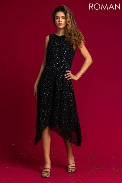Roman Black Foil Spot Hanky Hem Dress