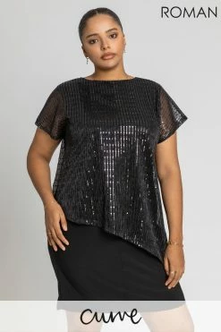 Roman Black Curve Asymmetric Shimmer Overlay Dress