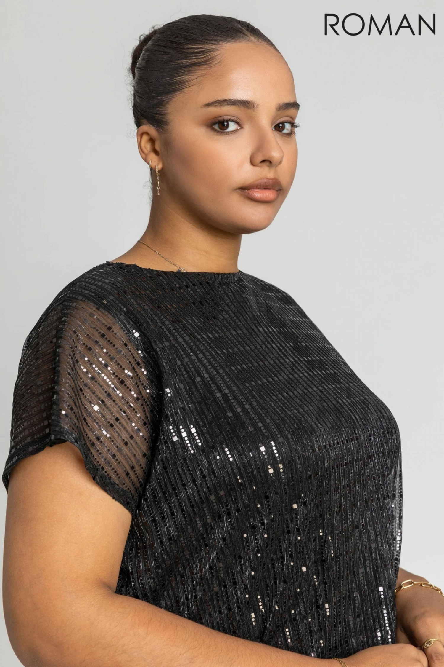 Roman Black Curve Asymmetric Shimmer Overlay Dress 6 Roman Black Curve Asymmetric Shimmer Overlay Dress - Image 4