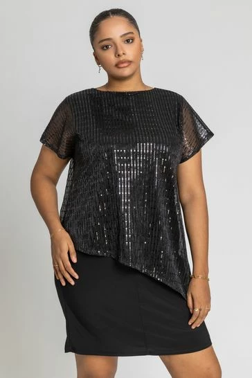 Roman Black Curve Asymmetric Shimmer Overlay Dress 7 Roman Black Curve Asymmetric Shimmer Overlay Dress - Image 5