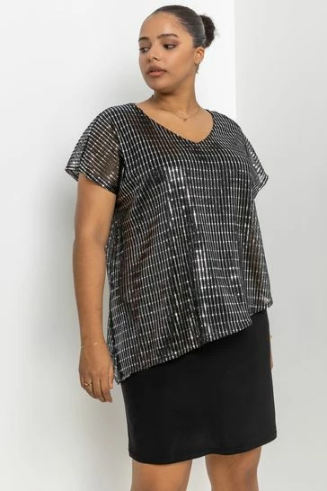 Roman Black Curve Asymmetric Shimmer Overlay Dress 8 Roman Black Curve Asymmetric Shimmer Overlay Dress - Image 6