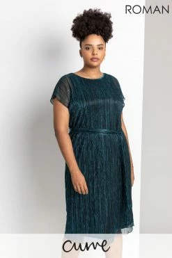 Roman Blue Curve Metallic Plisse Midi Dress