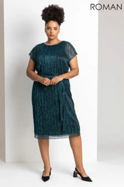 Roman Blue Curve Metallic Plisse Midi Dress -Roman Sales Shop unnamed file 1628