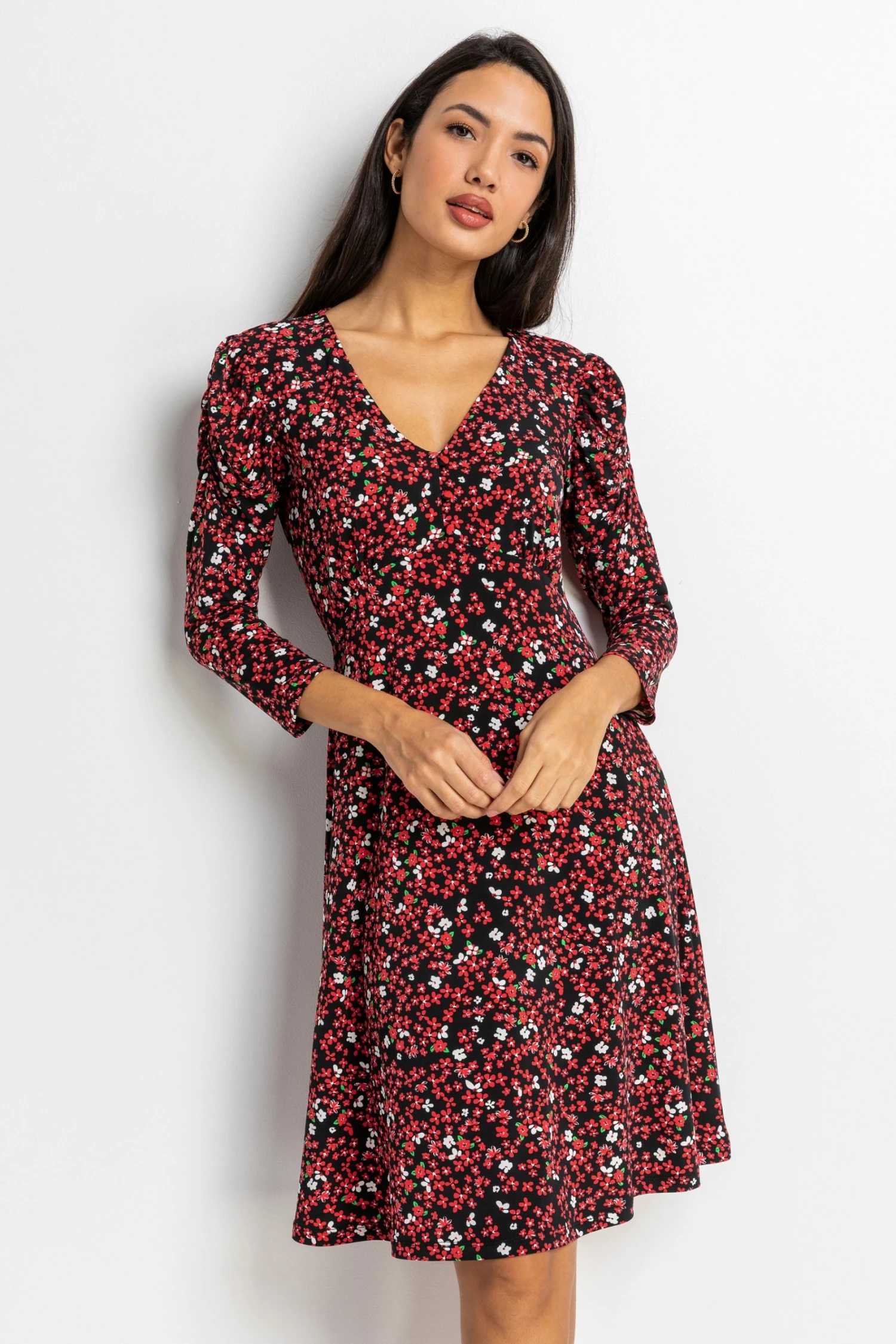 Roman Red Ditsy Floral Fit & Flare Dress 3 Roman Red Ditsy Floral Fit & Flare Dress