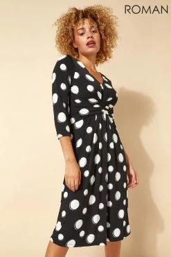 Roman Black Originals Spot Print Ruched Waist Fit & Flare Dress