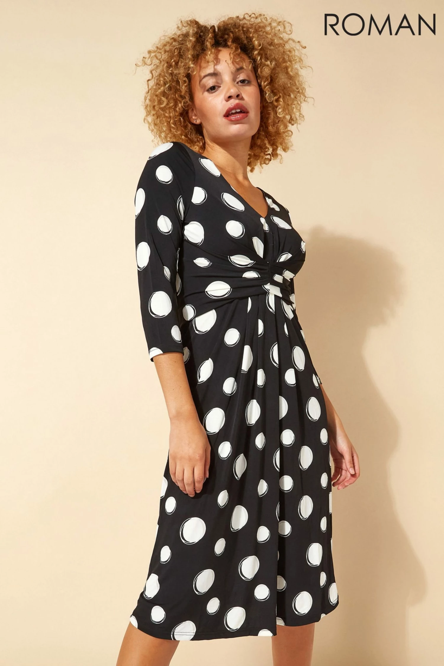 Roman Black Originals Spot Print Ruched Waist Fit & Flare Dress 3 Roman Black Originals Spot Print Ruched Waist Fit & Flare Dress