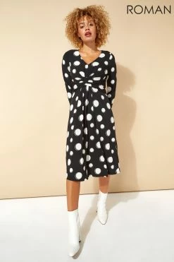 Roman Black Originals Spot Print Ruched Waist Fit & Flare Dress 8 Roman Black Originals Spot Print Ruched Waist Fit & Flare Dress -Roman Sales Shop unnamed file 1650