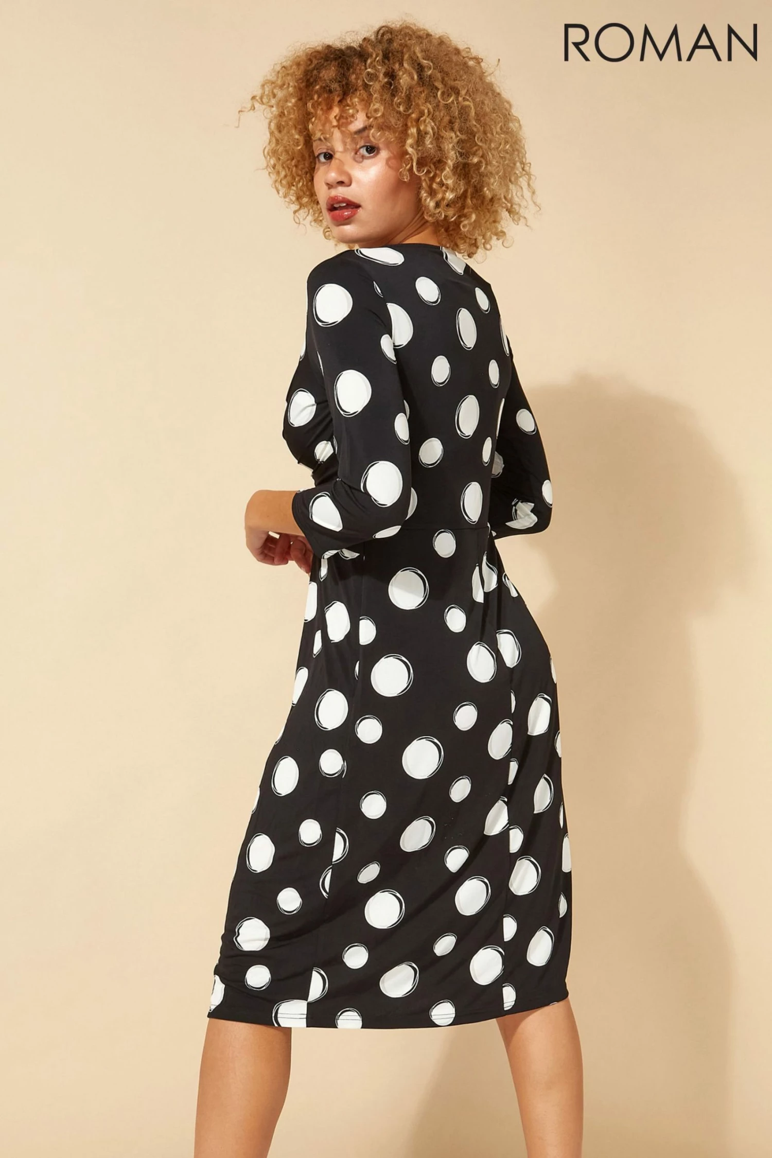 Roman Black Originals Spot Print Ruched Waist Fit & Flare Dress 5 Roman Black Originals Spot Print Ruched Waist Fit & Flare Dress - Image 3