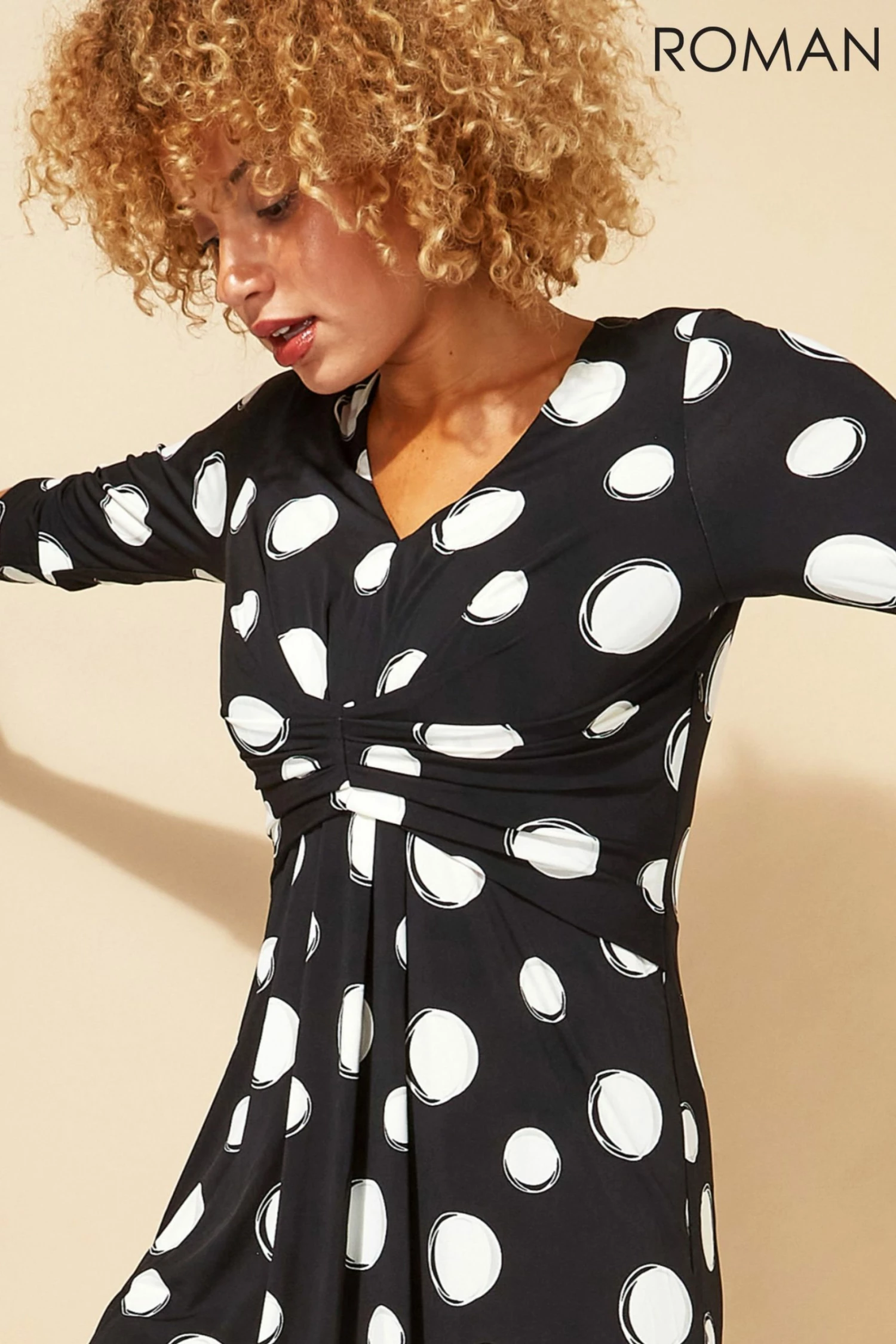 Roman Black Originals Spot Print Ruched Waist Fit & Flare Dress 6 Roman Black Originals Spot Print Ruched Waist Fit & Flare Dress - Image 4