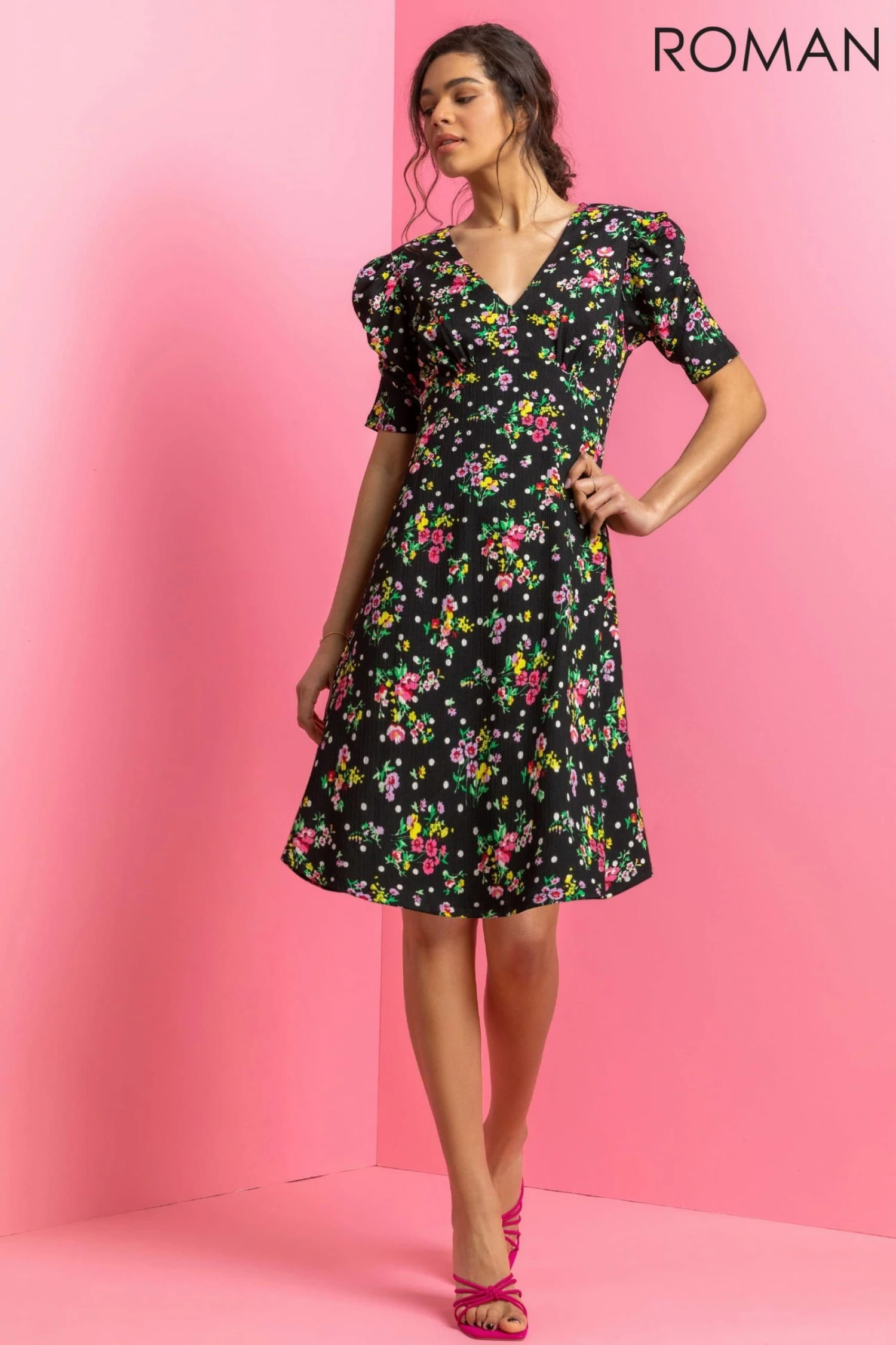 Roman Black Floral Spot Print Puff Sleeve Dress 3 Roman Black Floral Spot Print Puff Sleeve Dress