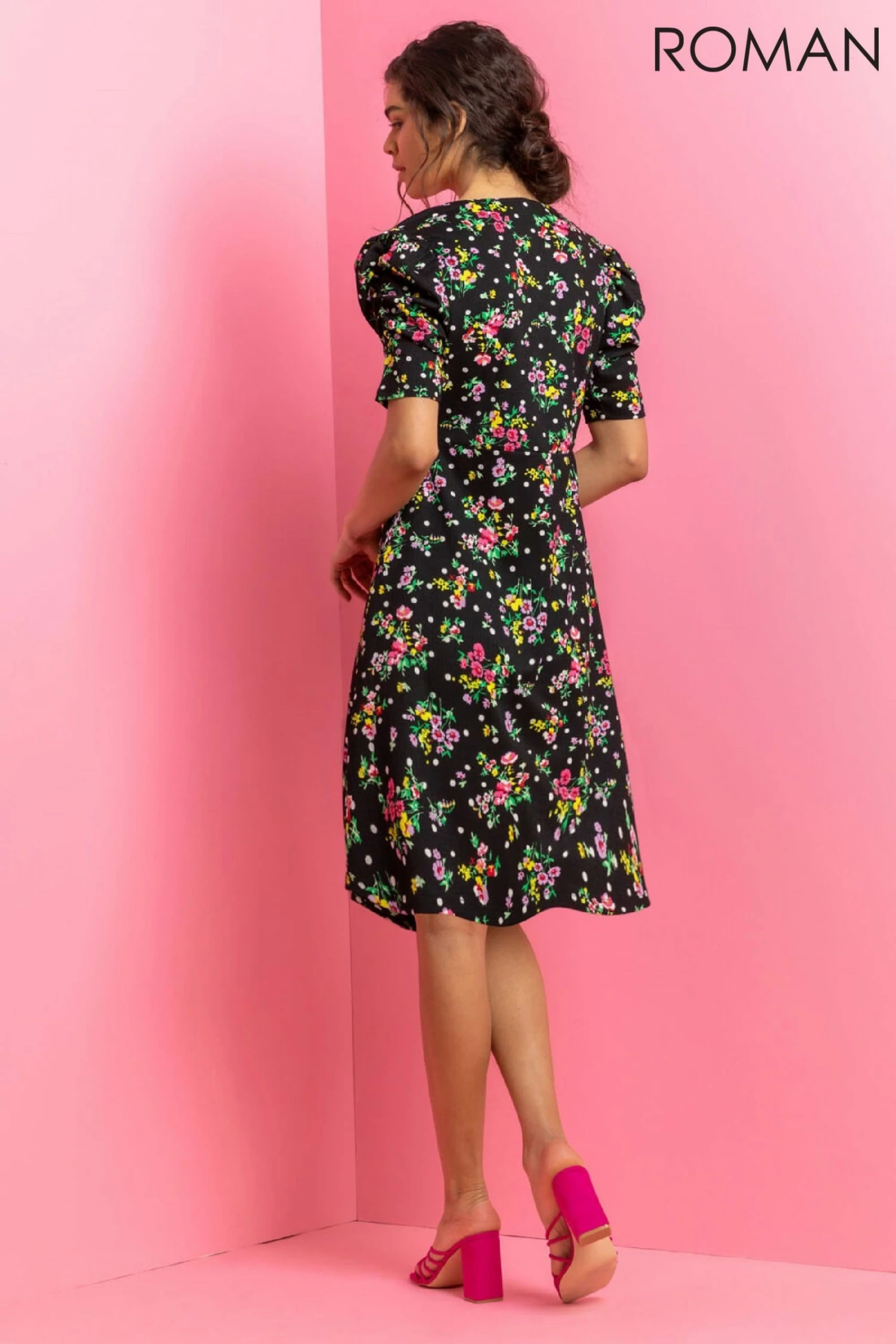 Roman Black Floral Spot Print Puff Sleeve Dress 4 Roman Black Floral Spot Print Puff Sleeve Dress - Image 2