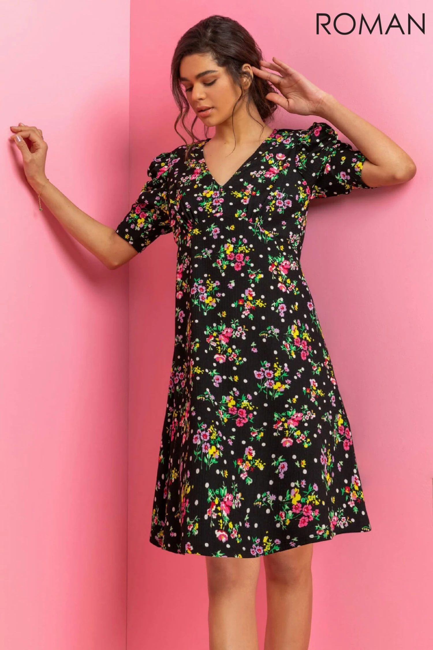 Roman Black Floral Spot Print Puff Sleeve Dress 5 Roman Black Floral Spot Print Puff Sleeve Dress - Image 3