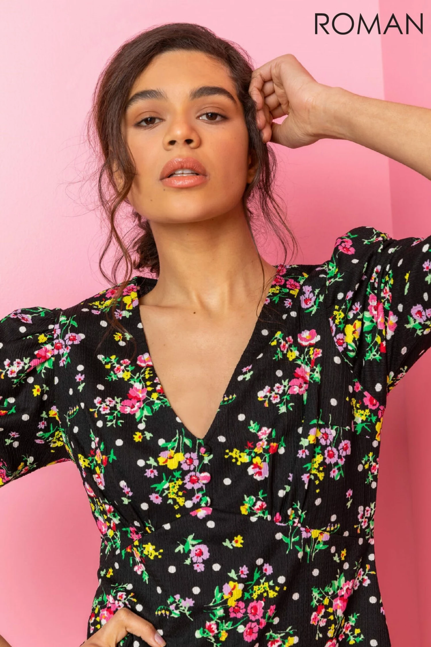 Roman Black Floral Spot Print Puff Sleeve Dress 6 Roman Black Floral Spot Print Puff Sleeve Dress - Image 4