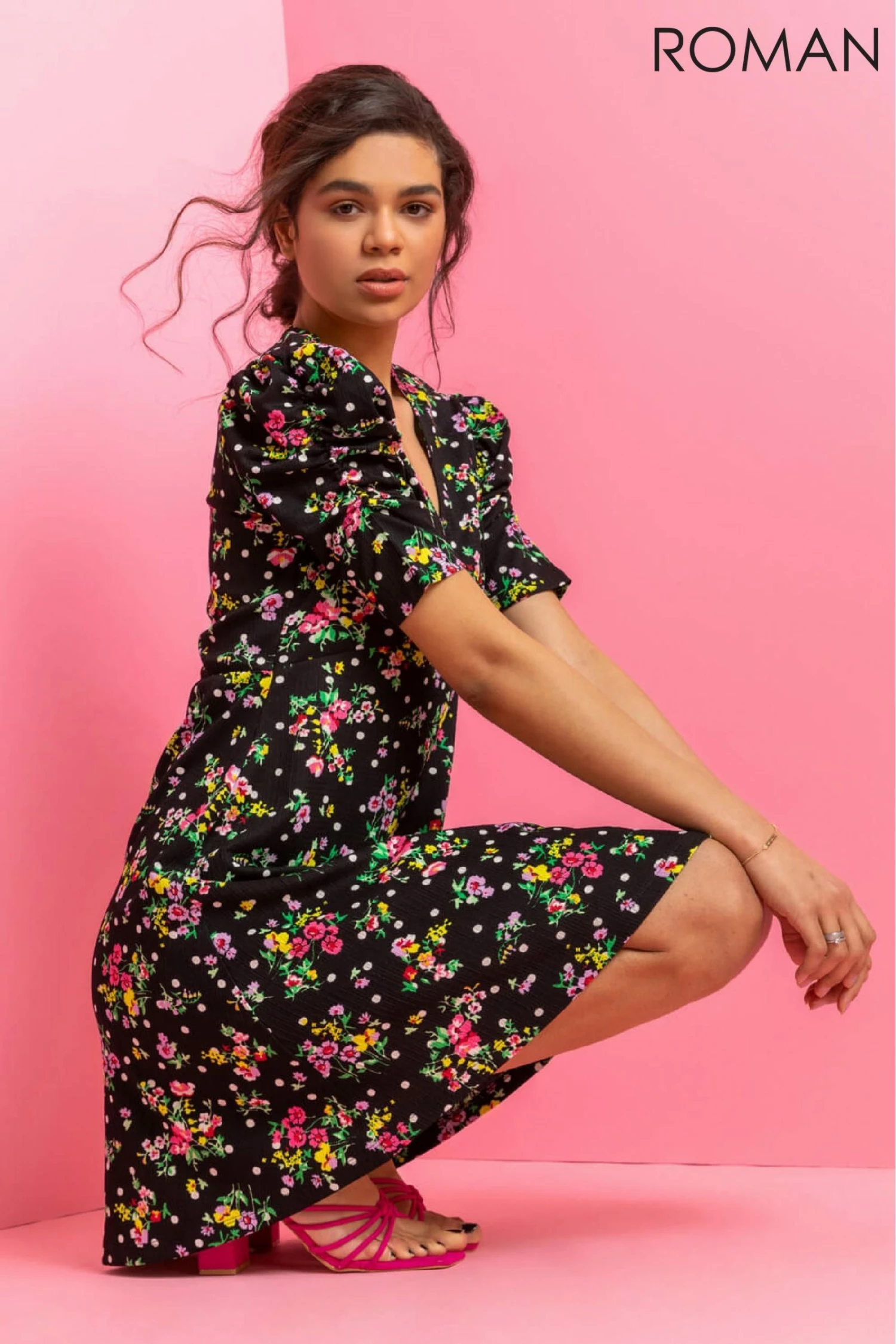 Roman Black Floral Spot Print Puff Sleeve Dress 7 Roman Black Floral Spot Print Puff Sleeve Dress - Image 5