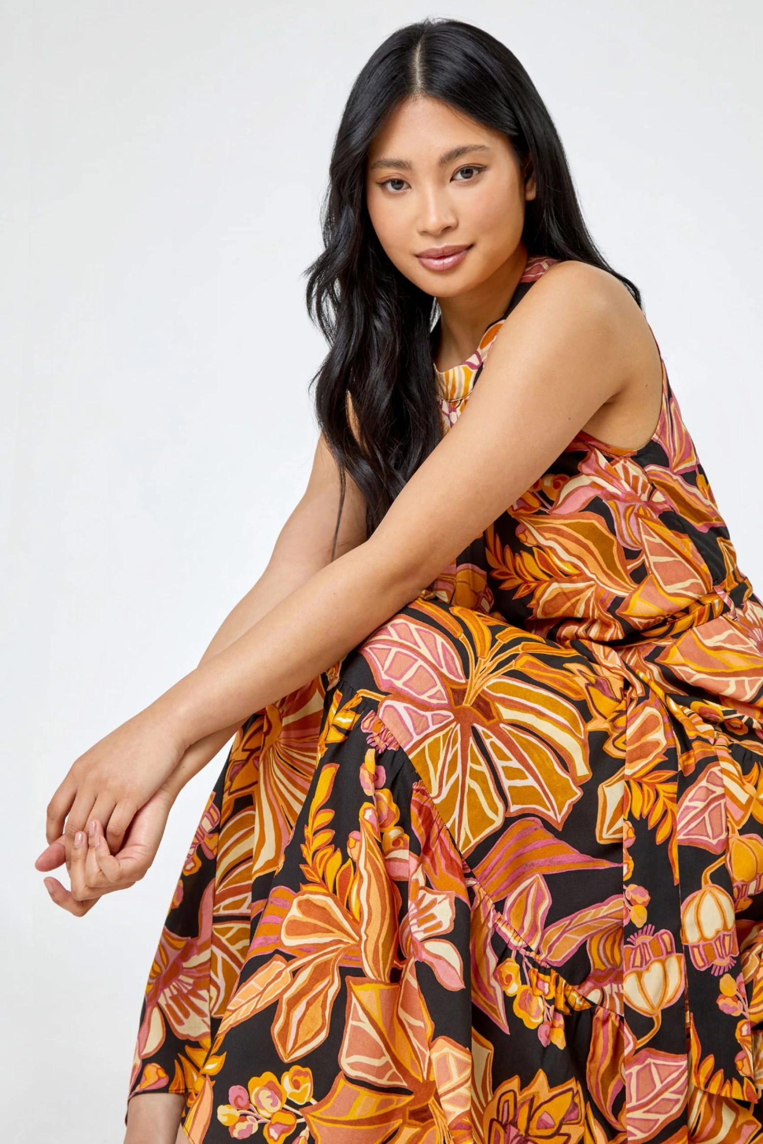 Roman Orange & Black Petite Floral Print Tiered Dress 3 Roman Orange & Black Petite Floral Print Tiered Dress