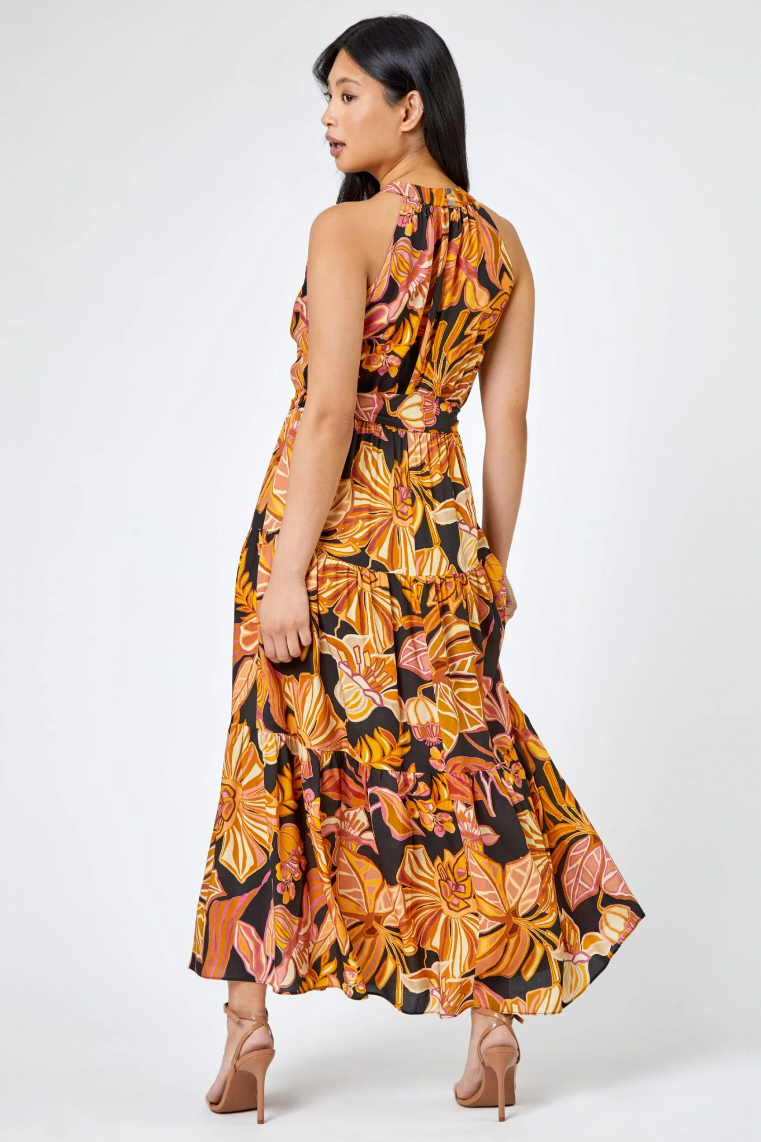 Roman Orange & Black Petite Floral Print Tiered Dress 5 Roman Orange & Black Petite Floral Print Tiered Dress - Image 3