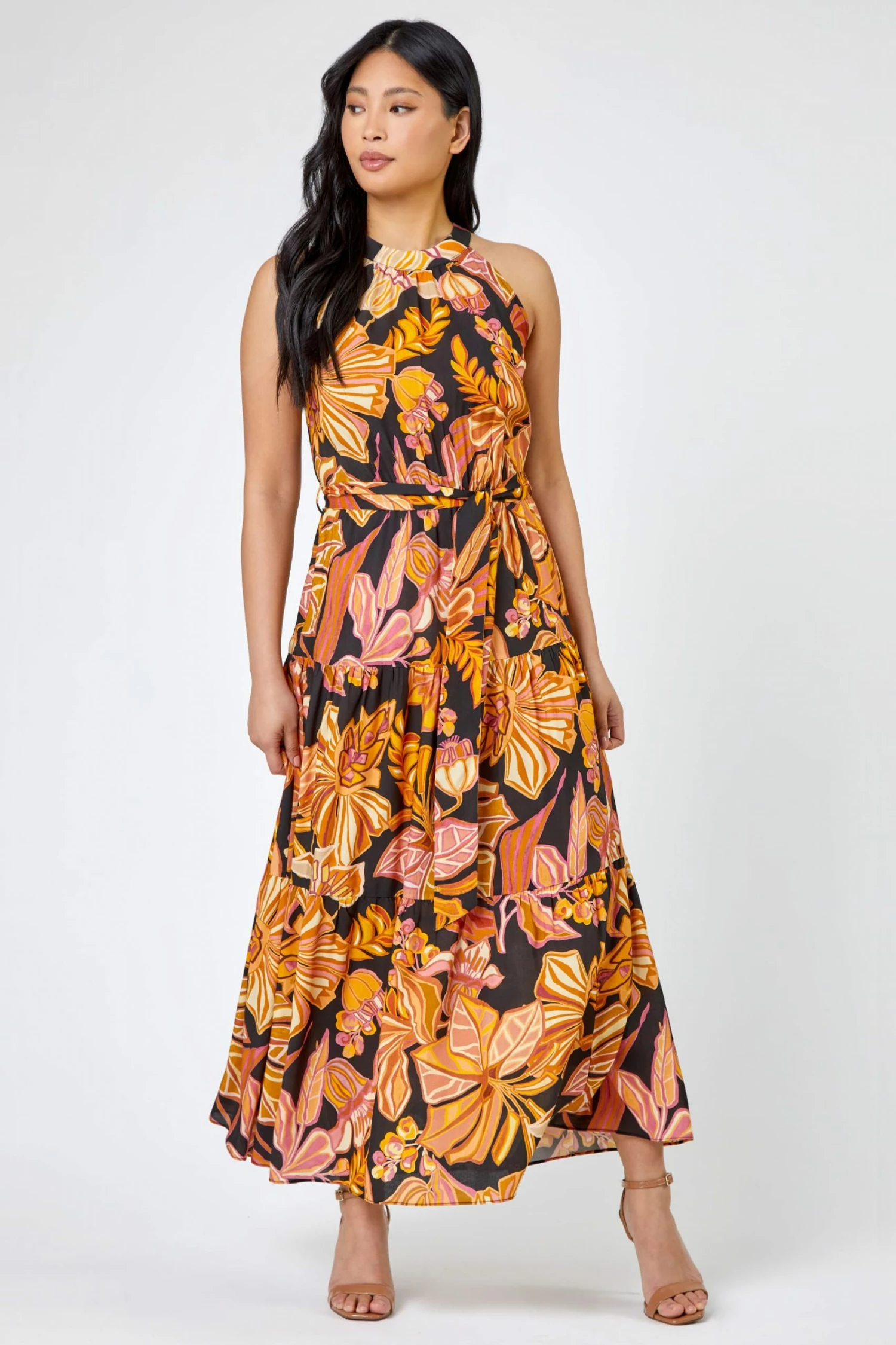 Roman Orange & Black Petite Floral Print Tiered Dress 6 Roman Orange & Black Petite Floral Print Tiered Dress - Image 4