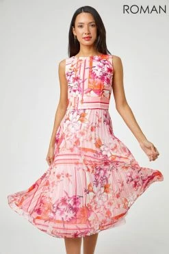 Roman Pink Floral Print Fit And Flare Pleated Dress