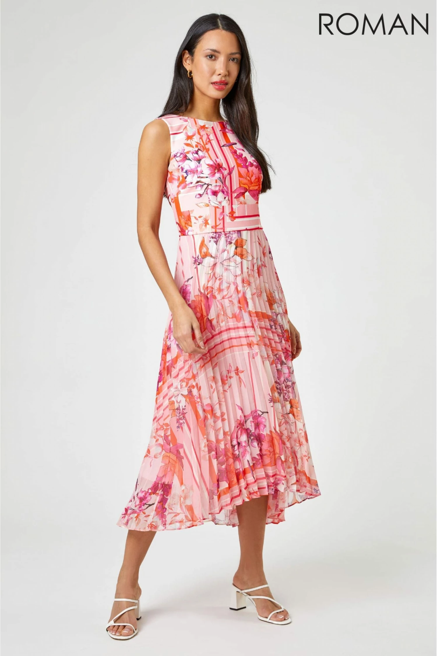 Roman Pink Floral Print Fit And Flare Pleated Dress 4 Roman Pink Floral Print Fit And Flare Pleated Dress - Image 2