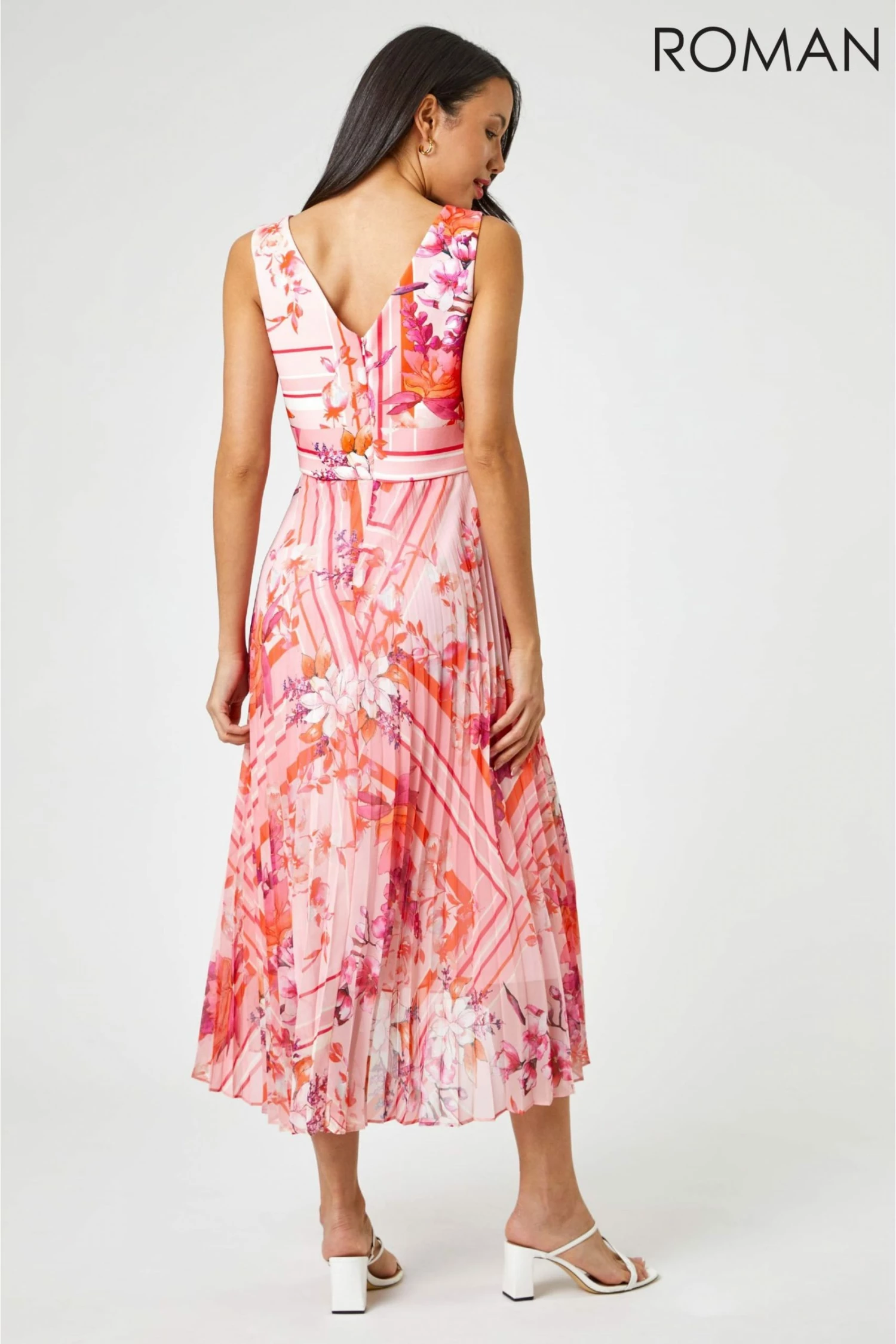Roman Pink Floral Print Fit And Flare Pleated Dress 5 Roman Pink Floral Print Fit And Flare Pleated Dress - Image 3