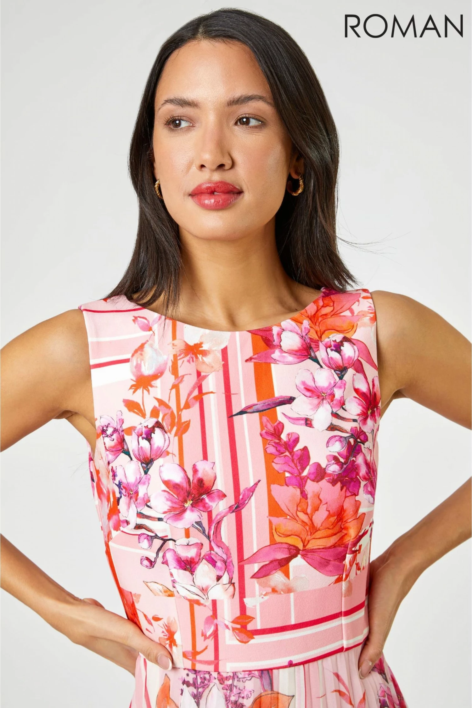 Roman Pink Floral Print Fit And Flare Pleated Dress 6 Roman Pink Floral Print Fit And Flare Pleated Dress - Image 4