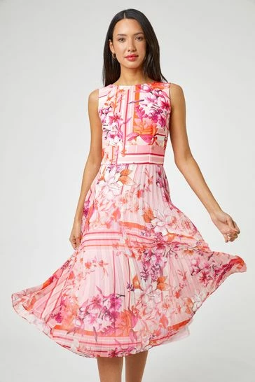 Roman Pink Floral Print Fit And Flare Pleated Dress 7 Roman Pink Floral Print Fit And Flare Pleated Dress - Image 5