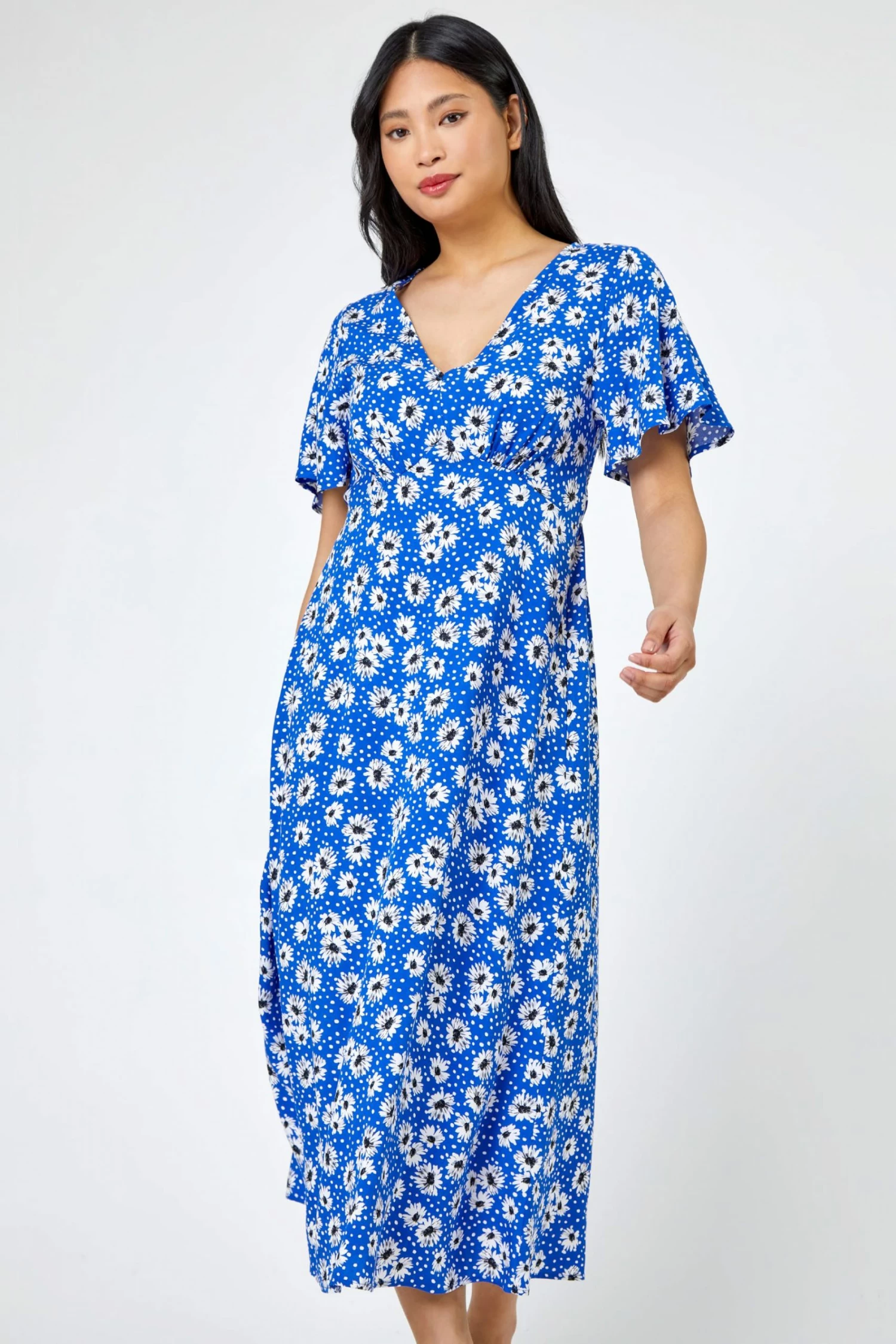 Roman Blue Petite Floral Print Flute Sleeve Dress 3 Roman Blue Petite Floral Print Flute Sleeve Dress