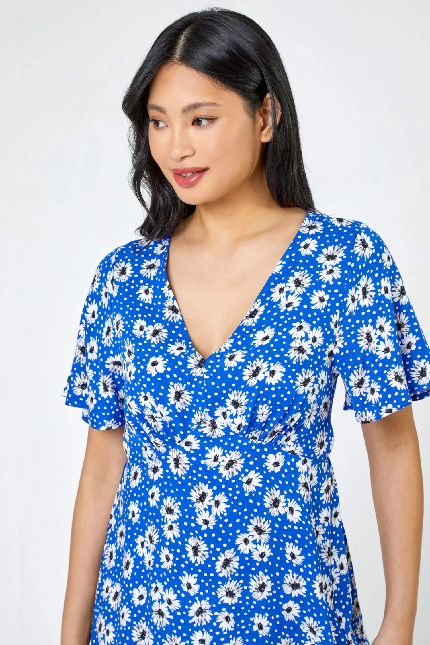 Roman Blue Petite Floral Print Flute Sleeve Dress 6 Roman Blue Petite Floral Print Flute Sleeve Dress - Image 4
