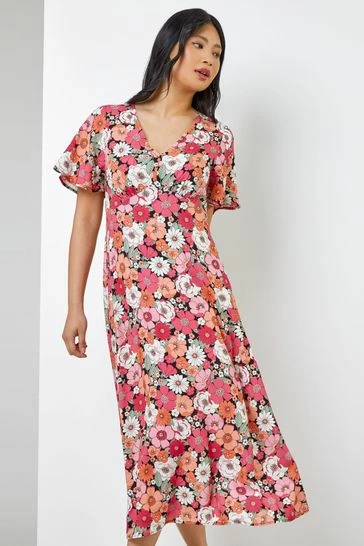 Roman Blue Petite Floral Print Flute Sleeve Dress 8 Roman Blue Petite Floral Print Flute Sleeve Dress - Image 6