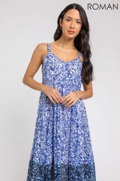 Roman Blue Abstract Border Print Fit & Flare Dress -Roman Sales Shop unnamed file 1715