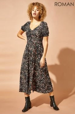Roman Black Ditsy Floral Ruched Midi Dress