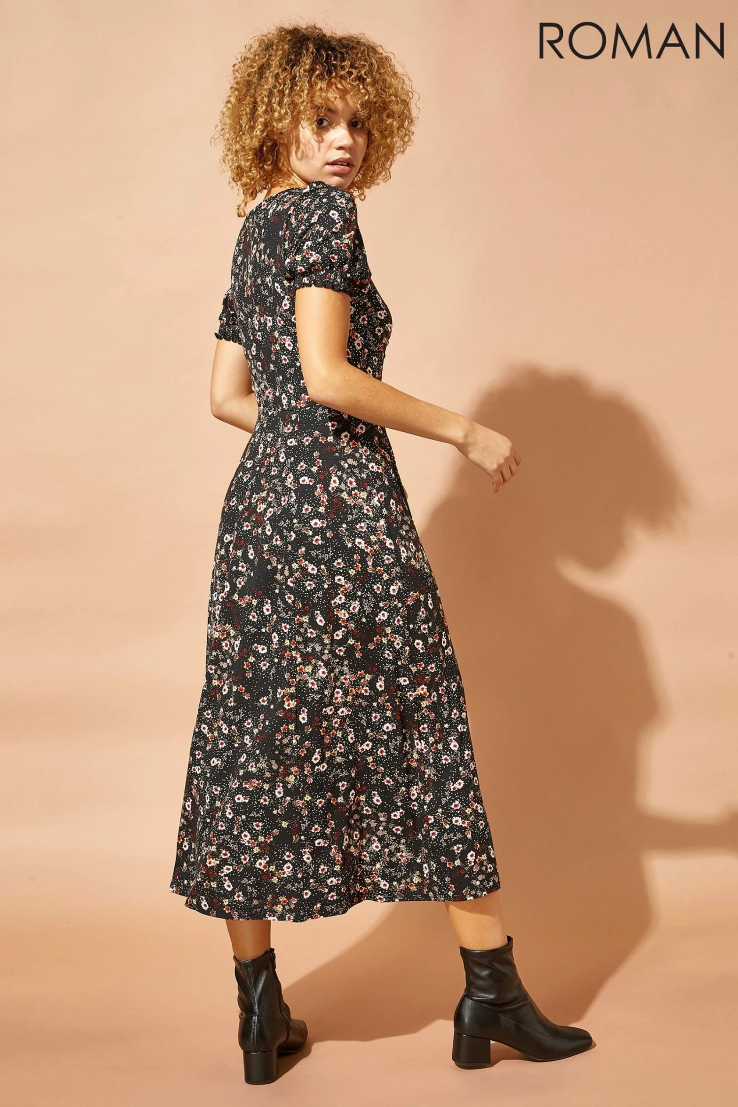 Roman Black Ditsy Floral Ruched Midi Dress 4 Roman Black Ditsy Floral Ruched Midi Dress - Image 2