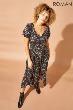 Roman Black Ditsy Floral Ruched Midi Dress 9 Roman Black Ditsy Floral Ruched Midi Dress -Roman Sales Shop unnamed file 1720