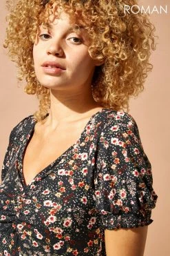 Roman Black Ditsy Floral Ruched Midi Dress 10 Roman Black Ditsy Floral Ruched Midi Dress -Roman Sales Shop unnamed file 1721