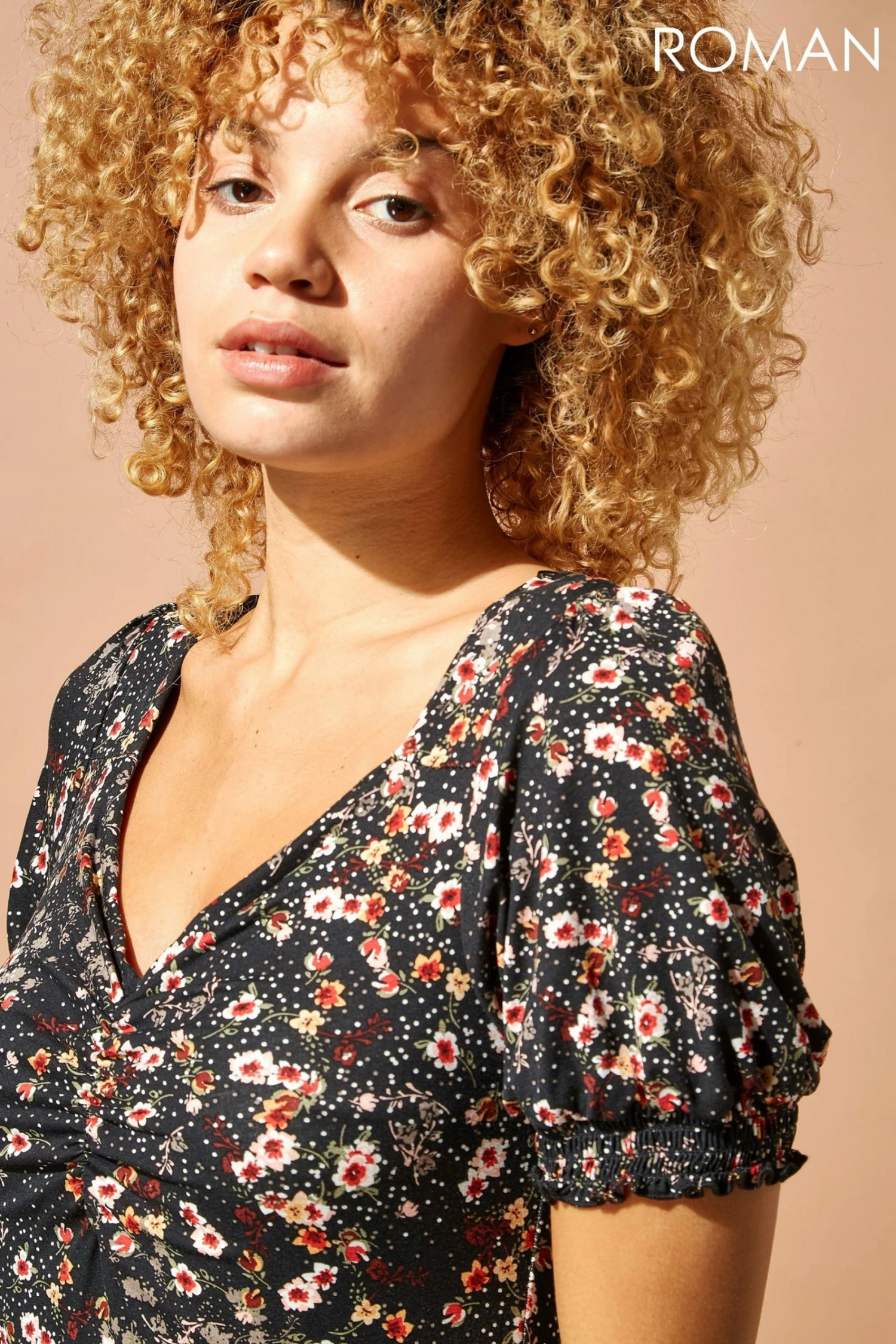 Roman Black Ditsy Floral Ruched Midi Dress 6 Roman Black Ditsy Floral Ruched Midi Dress - Image 4