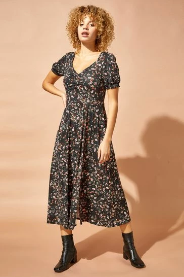 Roman Black Ditsy Floral Ruched Midi Dress 7 Roman Black Ditsy Floral Ruched Midi Dress - Image 5