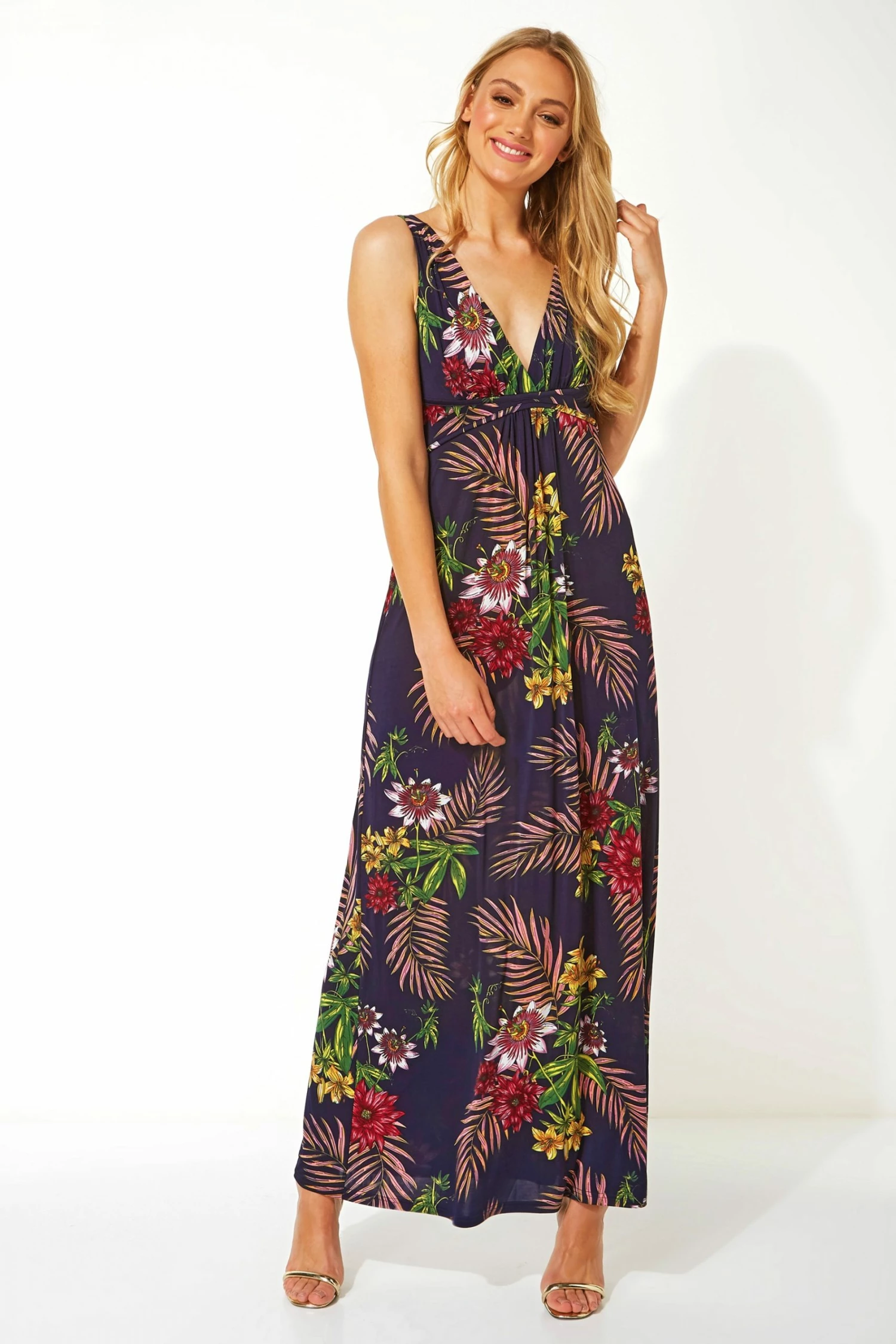 Roman Navy Tropical Print V Neck Maxi Dress 3 Roman Navy Tropical Print V Neck Maxi Dress