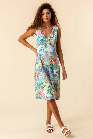Roman Green Burnout Tropical Print Knotted Dress 7 Roman Green Burnout Tropical Print Knotted Dress - Image 5