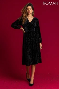 Roman Black Animal Print Burnout Wrap Dress