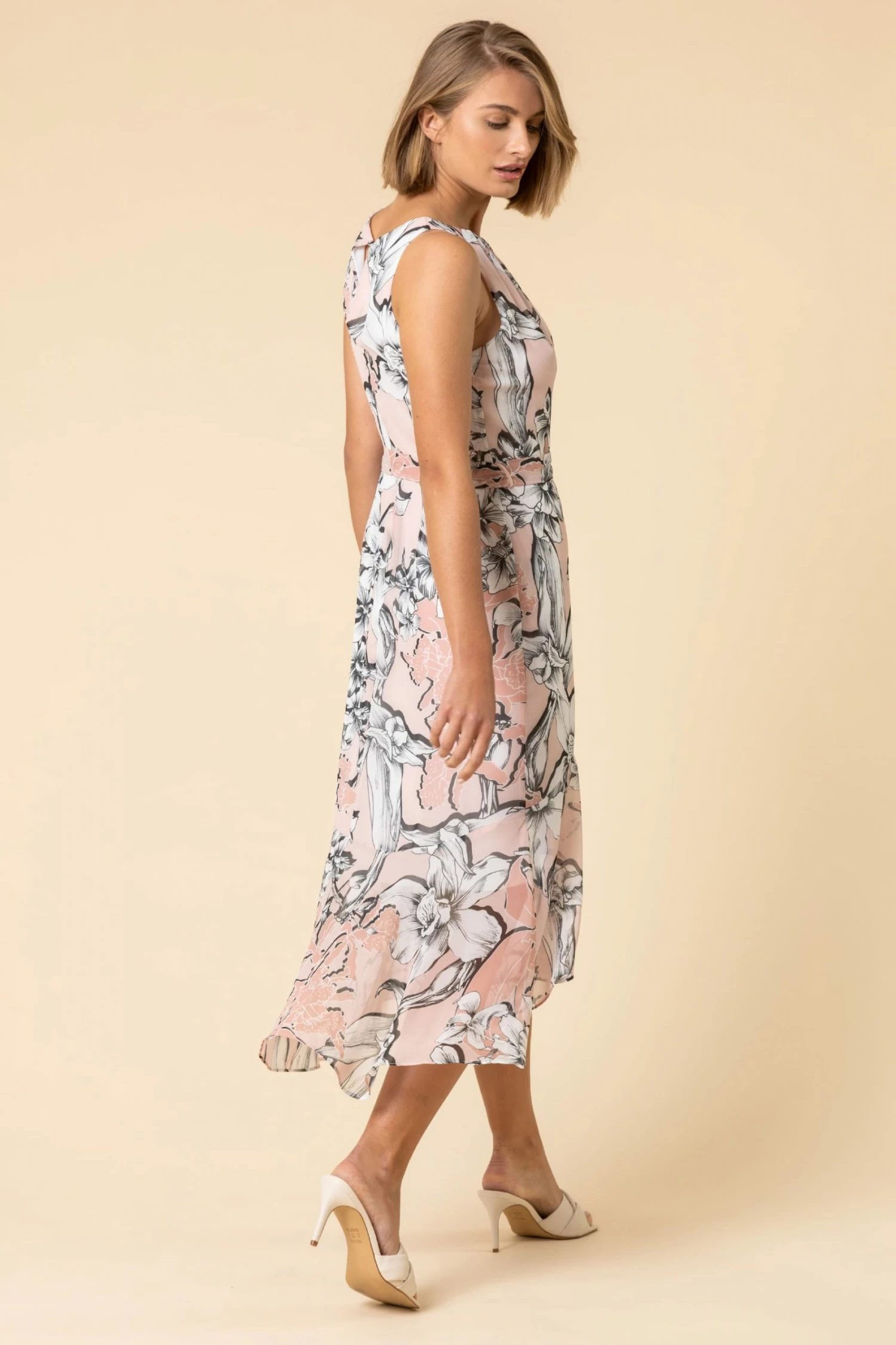 Roman Pink Floral Asymmetric Belted Midi Dress 4 Roman Pink Floral Asymmetric Belted Midi Dress - Image 2