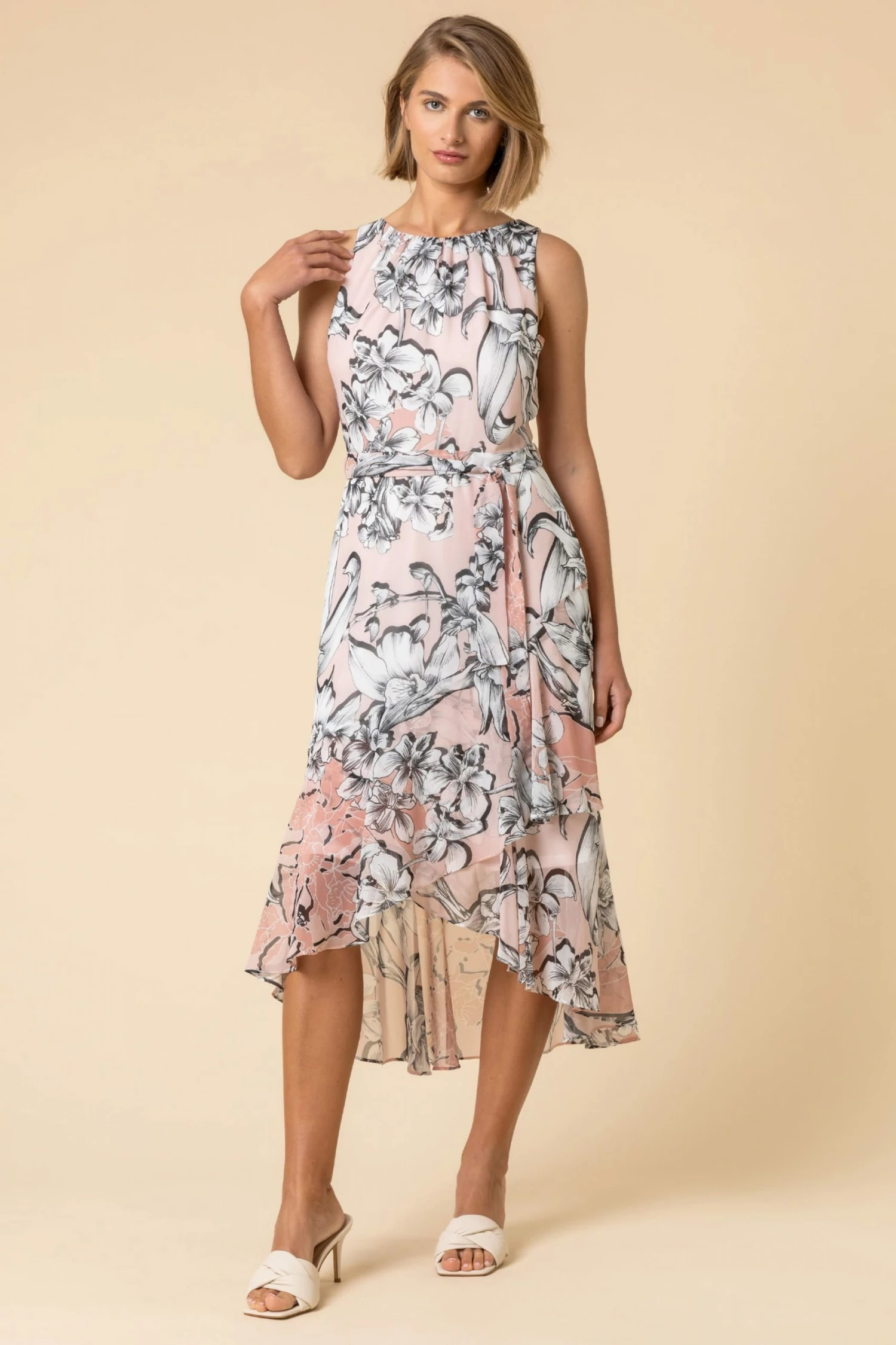 Roman Pink Floral Asymmetric Belted Midi Dress 5 Roman Pink Floral Asymmetric Belted Midi Dress - Image 3