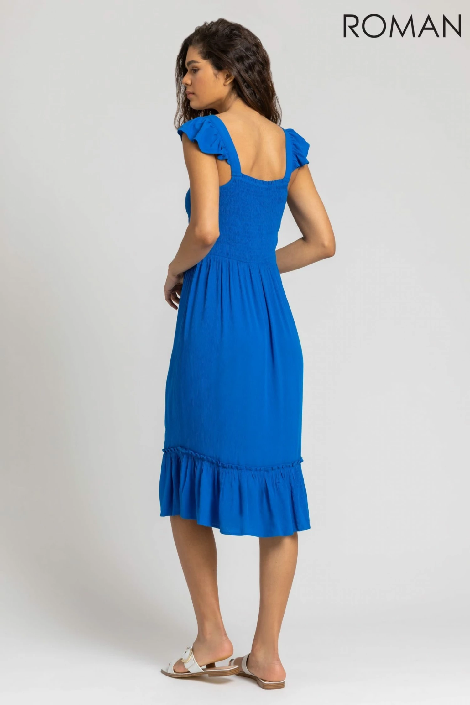 Roman Blue Shirred Bodice Frill Detail Midi Dress 4 Roman Blue Shirred Bodice Frill Detail Midi Dress - Image 2