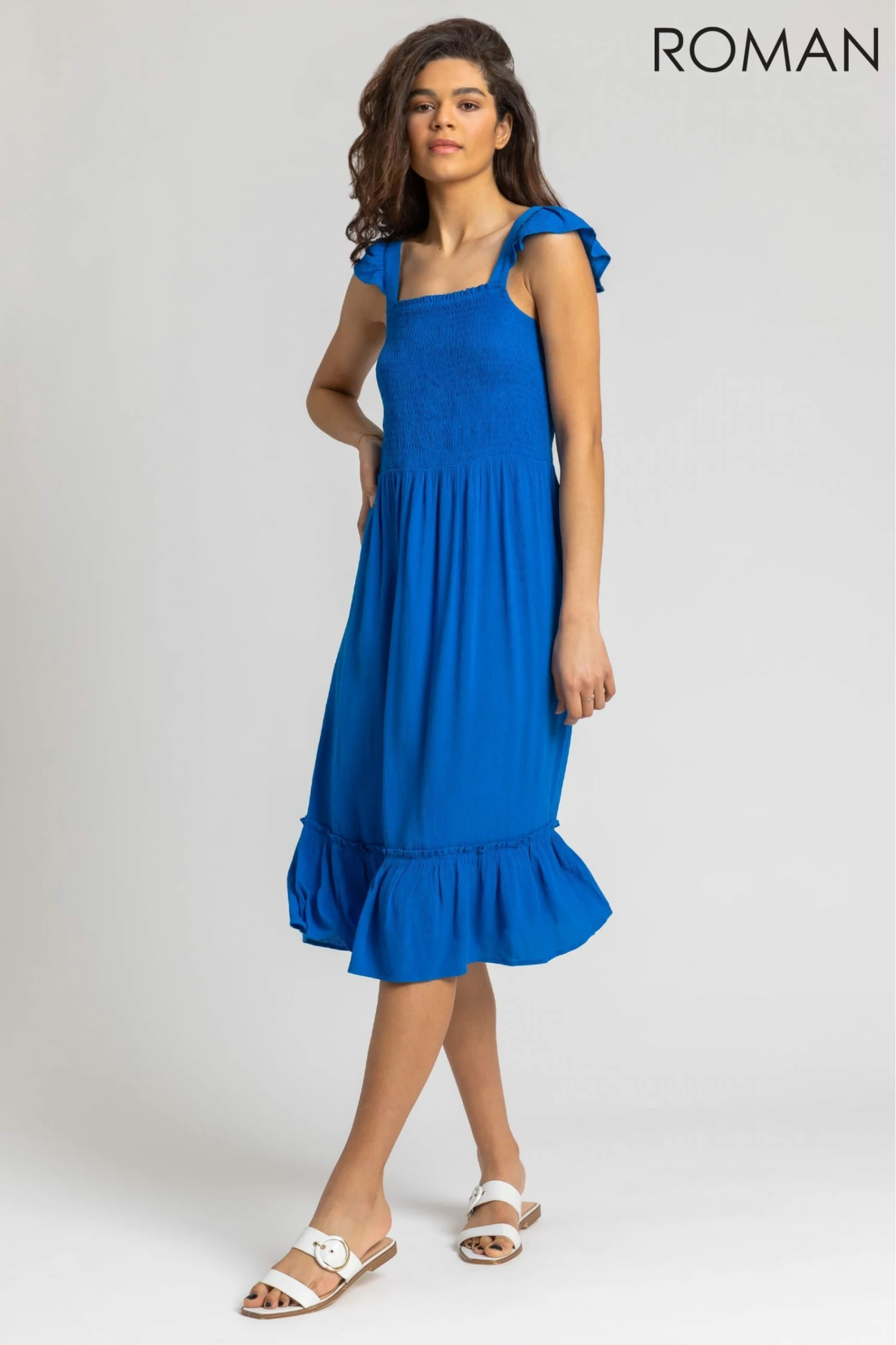 Roman Blue Shirred Bodice Frill Detail Midi Dress 5 Roman Blue Shirred Bodice Frill Detail Midi Dress - Image 3